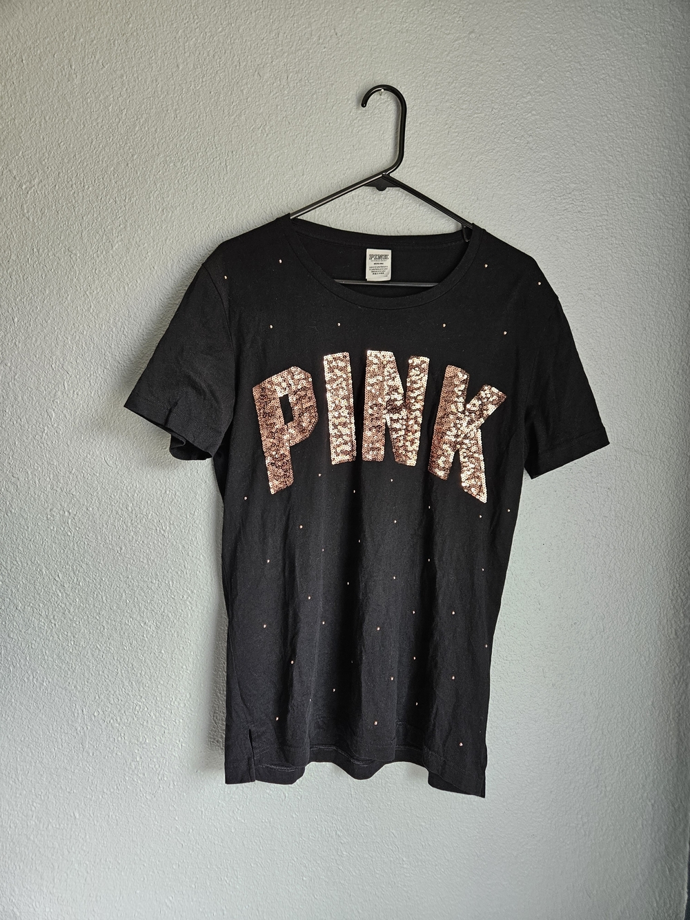 Victoria's Secret PINK Bling Campus Tee Black Gold Sequin Studded Logo M EUC